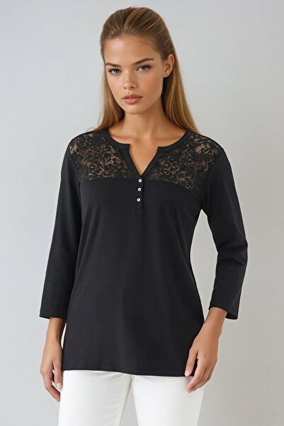 Trend Alaçatı Stili Women's Black Lace Garnished Button Detailed V-Neck Blous...