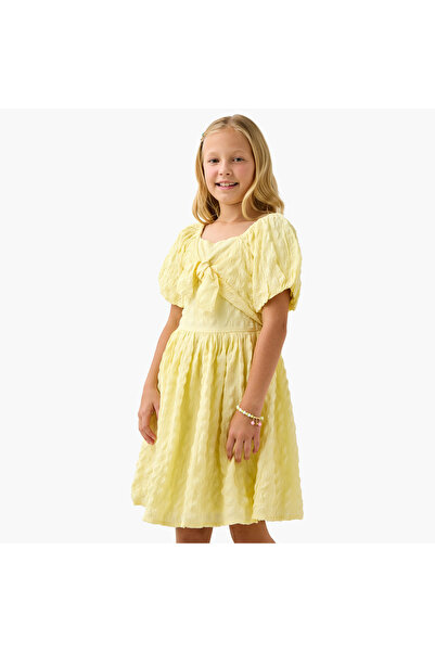 Juniors Textured Bow Detail Dress with Square Neck and Short Sleeves