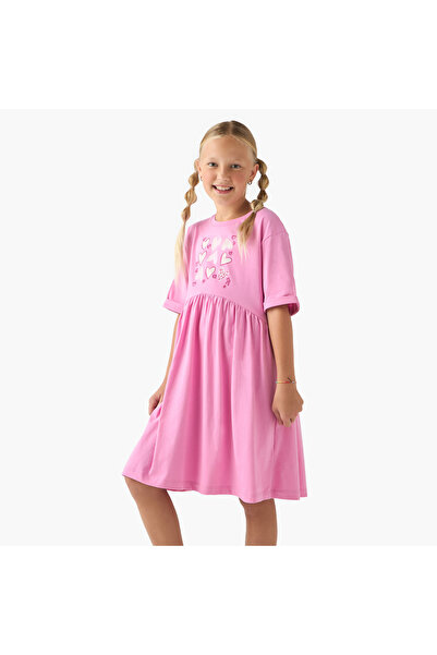 Juniors Round Neck Short Sleeves Midi Dress with Heart Print