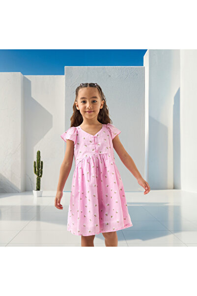 Juniors All-Over Floral Print V-neck Dress with Flutter Sleeves