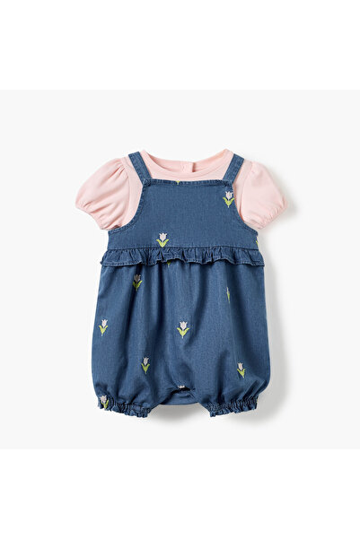 Juniors Textured Top and Embroidered Dungaree Set