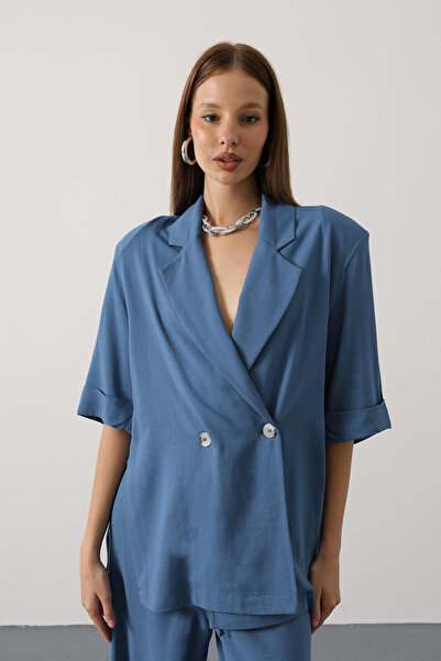 Trend Alaçatı Stili Women's Indigo Half Sleeve Oversize Slit Jacket Vs00627