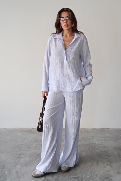 VAGGON Women's Blue Shirt Collar Wrapping Bottom Top Set Vs00676