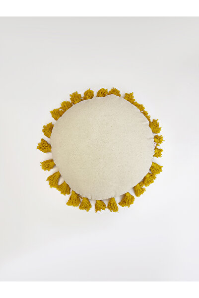 Galia Tasarım تيرا صن – وسادة زخرفية مستديرة من الكتان الأصفر مع شراشيب