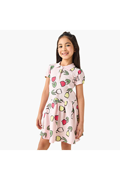 Juniors Collared Short Sleeves Knee Length Polo Dress with Floral Print