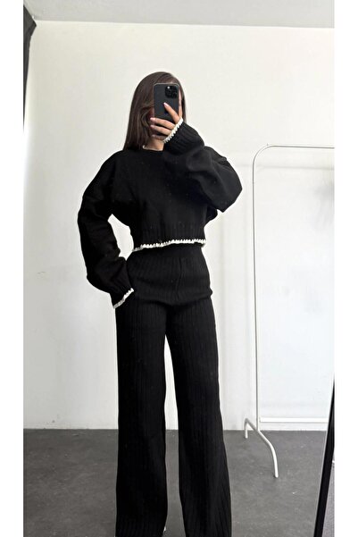 NEWCO Set de tricotaje cusute pentru femei material reiat Set din două piese crop pulover cu pantaloni