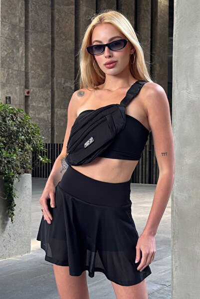 Trend Alaçatı Stili Women's Black Elastic Waist Mesh Detailed Shorts Skirt V00023