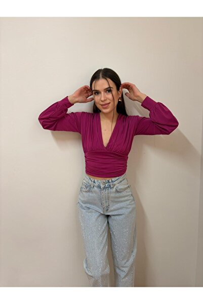 Nazline Bluză pentru femei Deep V Neck Crop Sandy din material subțire 235218