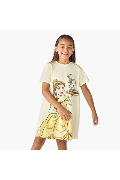 Disney Princess Belle Print T-shirt Dress with Short Sleeves