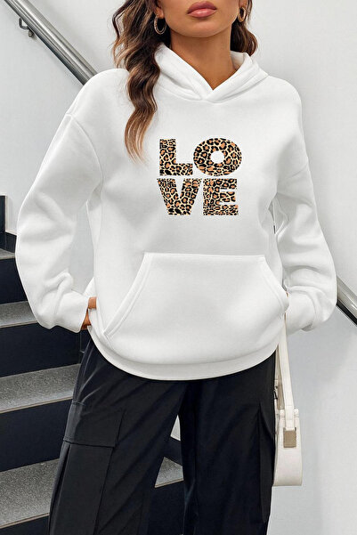 Rivox Unisex White Hooded Oversized Swetashirt Love Leopard Printed Design