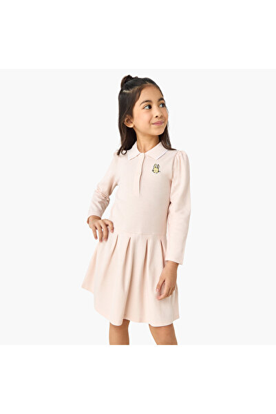 Juniors Collared Long Sleeves Knee Length Polo Dress with Bunny Embroidery