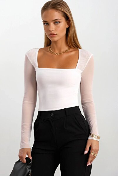 Trend Alaçatı Stili Women's White Tulle Detailed Square Neck Blouse Vs01672
