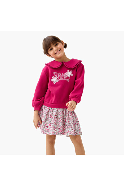 Juniors Embroidered Sweat Dress with Peter Pan Collar and Long Sleeves