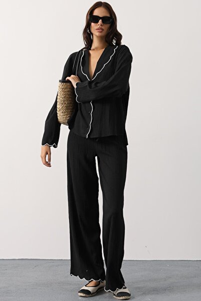 Trend Alaçatı Stili Set cămașă neagră cu guler pentru bebeluși și pantaloni cu talie elastică pentru femei Vs00799