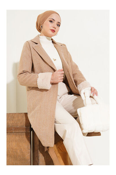 LC Waikiki MG TREND'EN LCW WAIKIKI Sarı 9085 Balıksırtı Desenli Kaşe Kaban - Camel