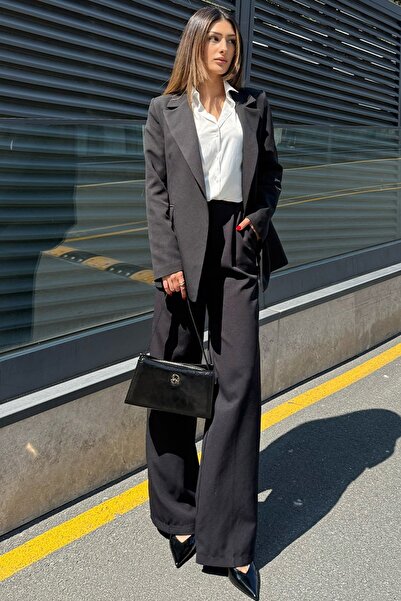 Trend Alaçatı Stili Women's Black Blazer Jacket and Pants Suit V00034-A
