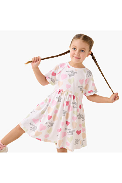 Juniors All-Over Heart Print Dress with Extended Sleeves