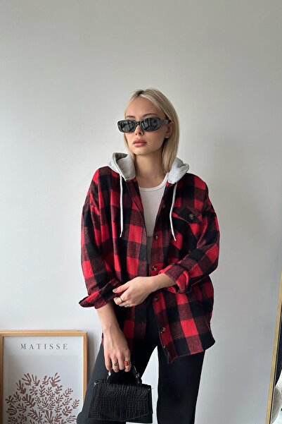 Trend Alaçatı Stili Women's Red Hooded Oversize Pocketed Buttoned Plaid Shirt...