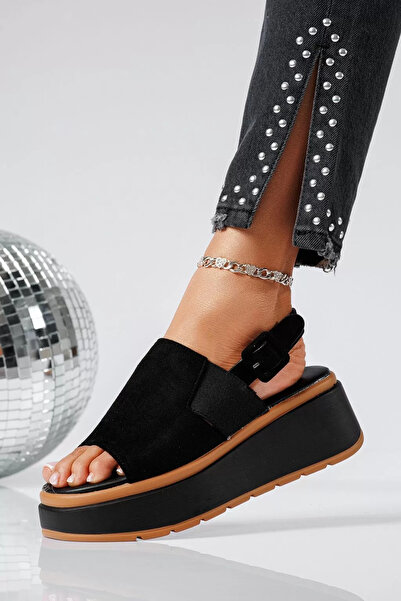 Zaira Sandale cu platforma dama negre din piele ecologica intoarsa Amelia #22...