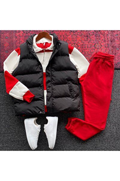 THANBUTİK سترة مبطنة قابلة للنفخ مع قطع من الصوف وبدلة رياضية من الصوف، طقم م...