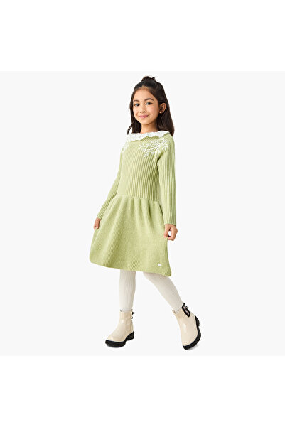 ELIGO Collared Long Sleeves Knee Length Dress with Embroidery