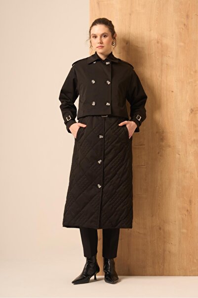 FTZ WOMEN Women's Double Trench Coat Black 31253