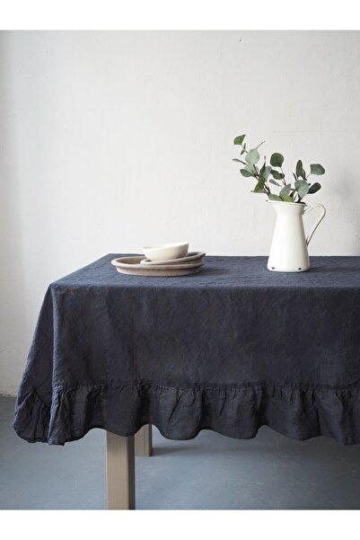 HOME ART ATELIER hand made Fırfırlı Siyah Naturel Vintage Masa Örtüsü