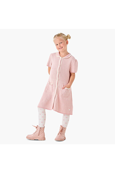 ELIGO Collared Short Sleeves Midi Dress with Checked Design