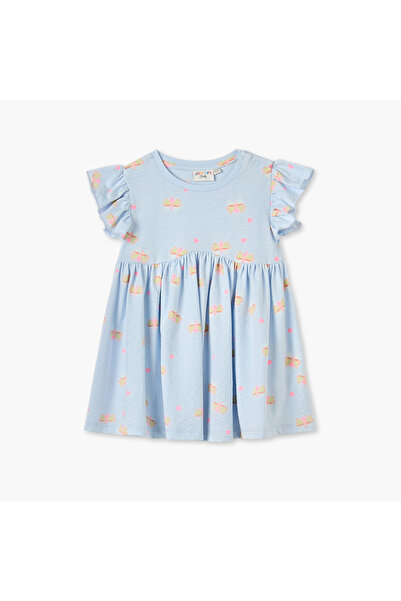 Juniors Butterfly Print A-line Dress with Round Neck and Flutter Sleeves