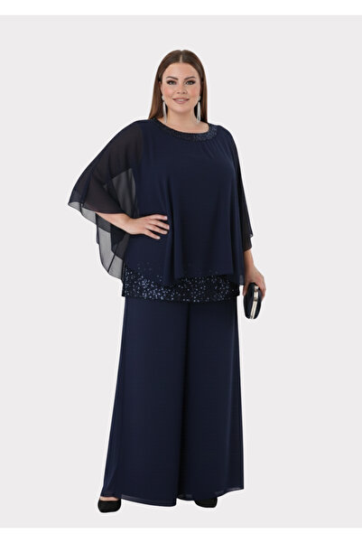 LİLAS XXL Büyük Beden Lacivert Renkli Şifon Abiye Pantolon Bluz Takım