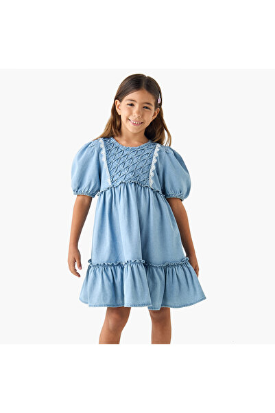 Juniors Textured Round Neck A-line Dress with Puff Sleeves