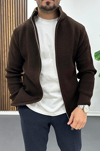 Edwox Men's Slim Fit zippered cardigan brown edw434