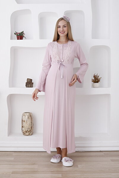 ERDENİZ TEKSTİL Uzun Kollu Hamile Lohusa Pijama Sabahlık Seti Düğmeli Güpürlü...