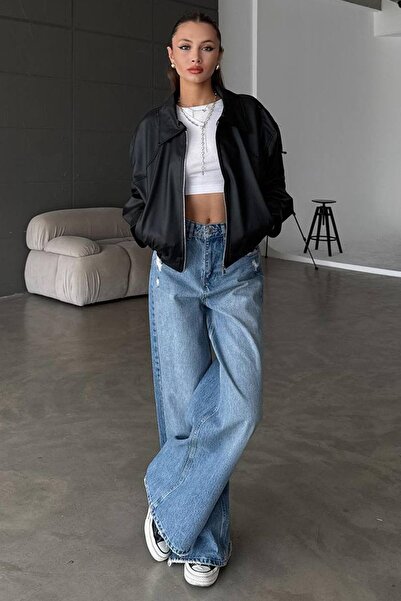 Trend Alaçatı Stili Kadın Siyah Çift Cepli Fermuarlı Bomber Suni Deri Astarlı Ceket VS01631