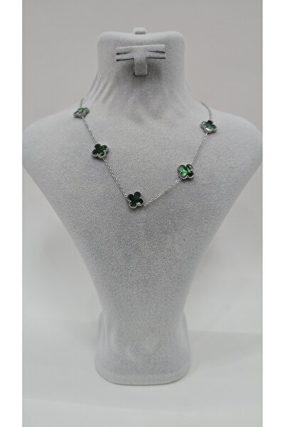 NO NAME Paslanmaz Çelik Yeşil Taşlı Gümüş Renk Çift Taraflı Yonca Kolye