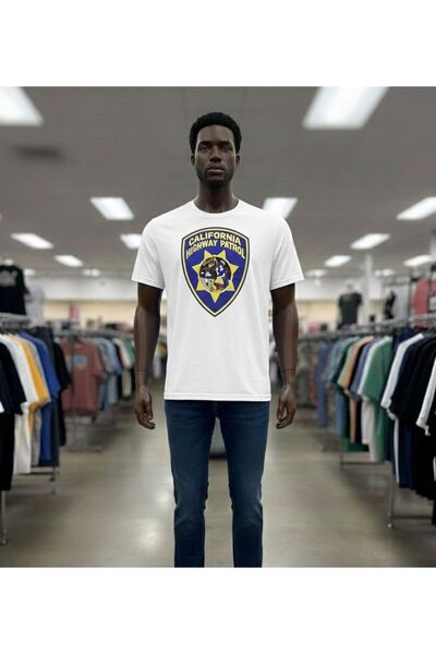 CAST COLLECTİON تي شيرت رجالي أبيض كاليفورنيا باترول مطبوع قصة فضفاضة