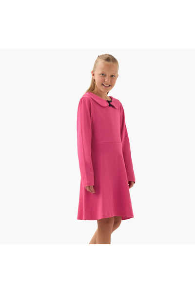 Juniors Peter Pan Collar Long Sleeves Knee Length Dress with Bow Detail