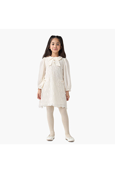 ELIGO Lace Collared Dress with Long Sleeves and Tights