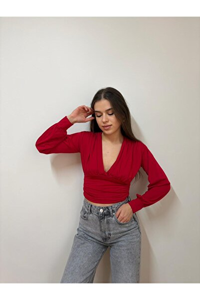 Nazline Women's Deep V Neck Crop Sandy Knitted Blouse 235218