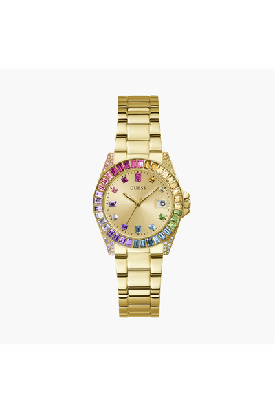 Guess ساعة نسائية ذهبية اللون، مقاس 34 مم، مصنوعة من الفولاذ المقاوم للصدأ، ط...