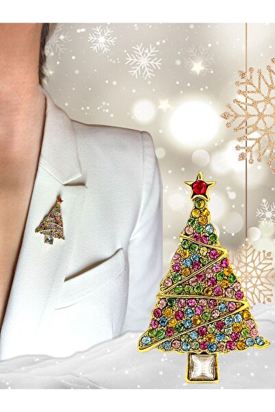 Luyiaccessory Yılbaşı Koleksiyonu Renkli Taşlı Yılbaşı Çam Ağacı Broş