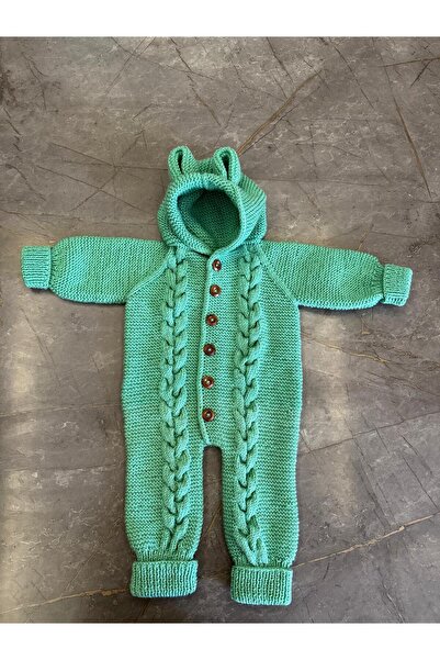 izelticaret El Örgüsü Yeşil Renkli Ayıcık Kulaklı Bebek Tulumu