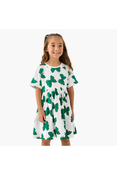 Juniors Bow Print Dress with Short Sleeves