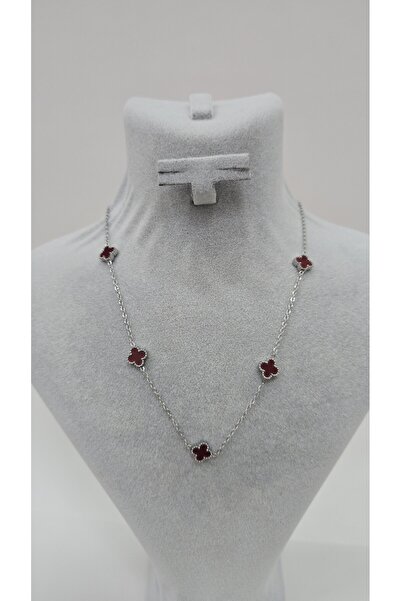 NO NAME Paslanmaz Çelik Kırmızı Taşlı Gümüş Renk Çift Taraflı Yonca Kolye