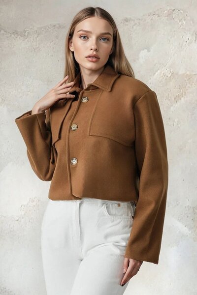 Trend Alaçatı Stili Kadın Taba Gömlek Yaka Düğme Kapamalı Kısa Kaşe Astarlı C...