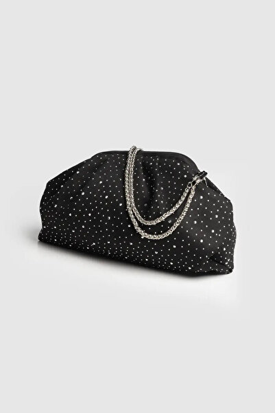 Melos Butik Kadın Siyah Kadife Taşlı Portföy Clutch Askılı Süet Çanta