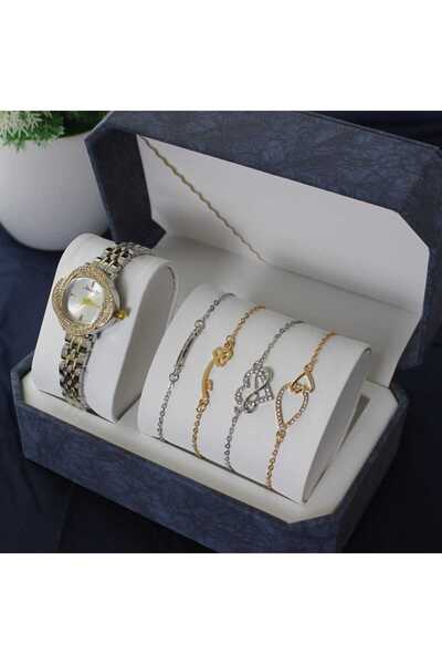 rovan Women's silver-gold crystal-studded watch set with 4 delicate bracelets...