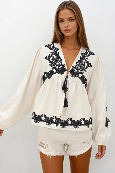Trend Alaçatı Stili Women's Beige Embroidered Binding Detailed Raw Linen Jack...