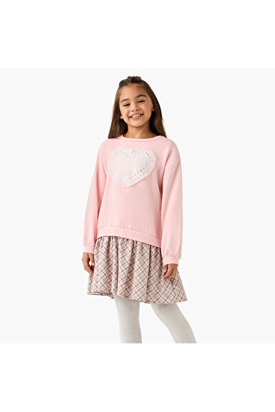 Juniors Round Neck Long Sleeves Knee Length Dress with Heart Applique