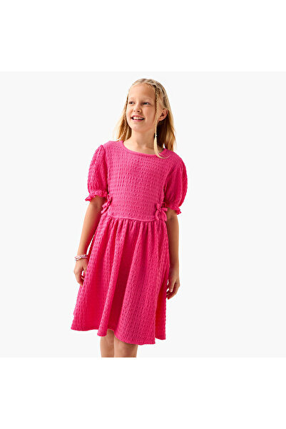 Juniors Textured A-line Dress with Round Neck and Cutout Detail